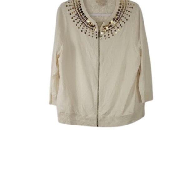 MICHAEL Michael Kors Womens Full Zip Cardigan Sweater Cream Gold Sequins Plus 1X - Picture 1 of 3